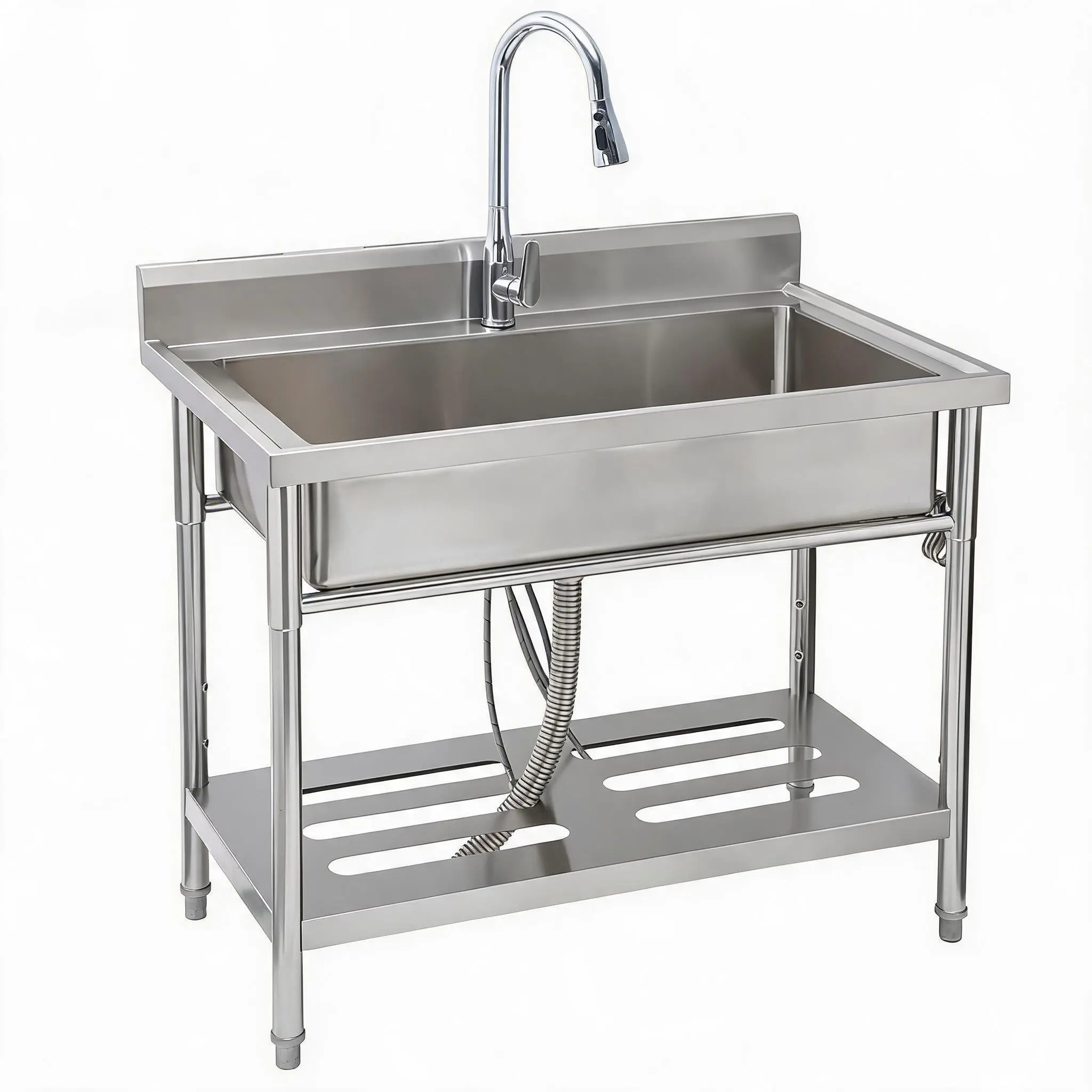 39×24×35 Inch Freestanding Stainless Steel Utility Sink with Hot & Cold Pull-Out Faucet, Large Capacity Laundry Sink with Storage Shelf & Drain Kit for Garage Kitchen Backyard Commercial Use