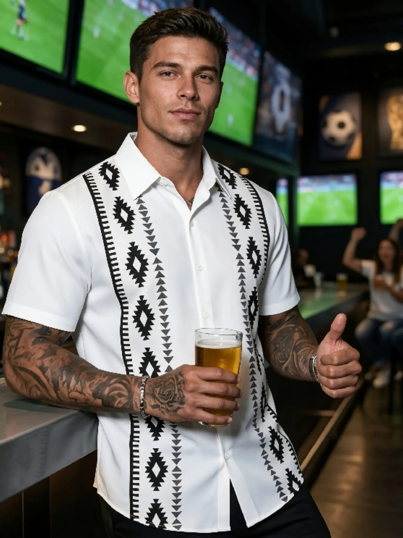 Men Aztec Geometric Vertical Print Short Sleeve Button Down Shirt Sublimation Fabric Regular Fit Turn Down Collar Stretchy Breathable Summer Urban Street Daily Casual Outdoor Travel Wear For Adult Males Casual Summer Streetwear