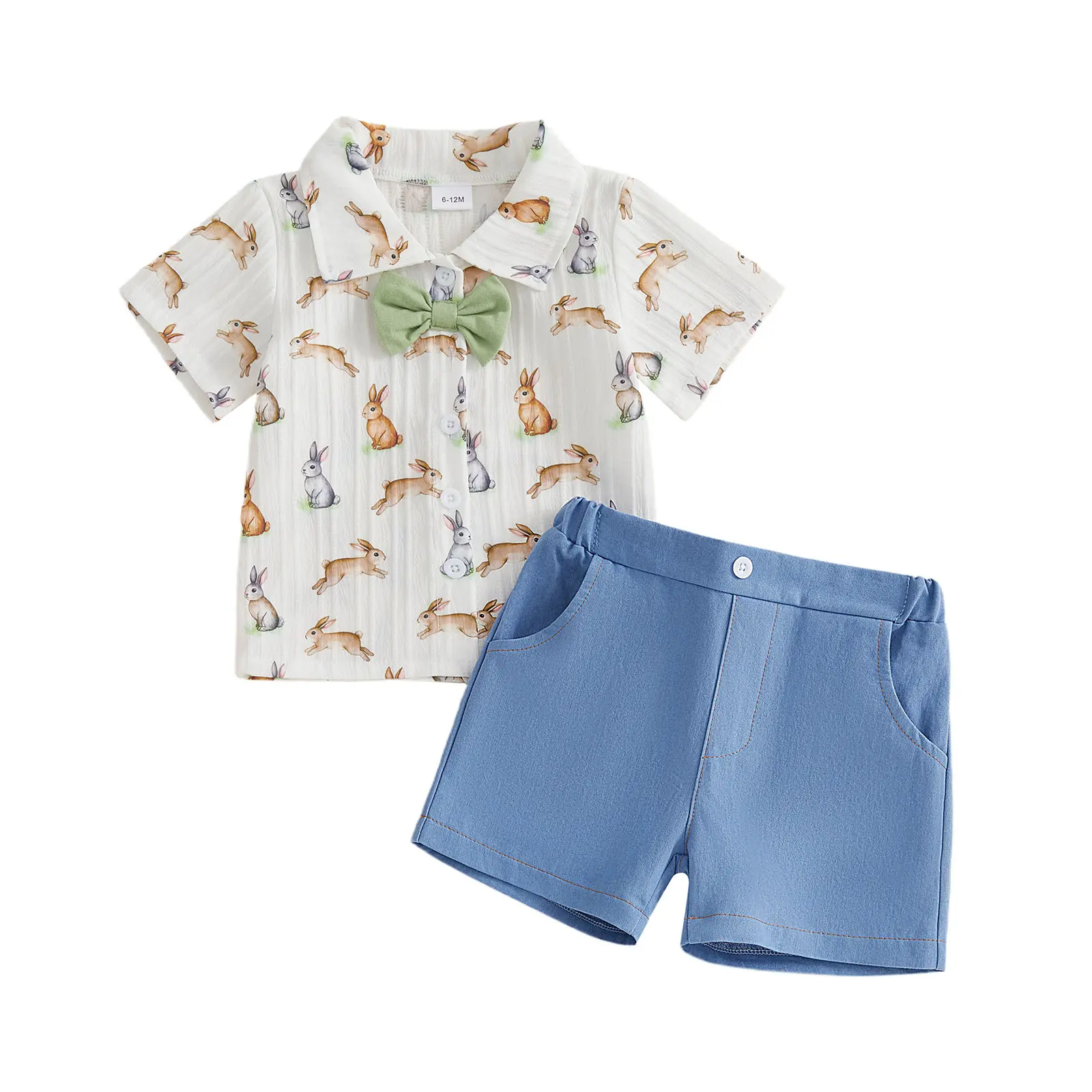 2Pcs Toddler Boy Easter Outfits Short Sleeve Lapel Collar Bowtie Decor Bunny Carrot Print Shirt and Elastic Waist Shorts