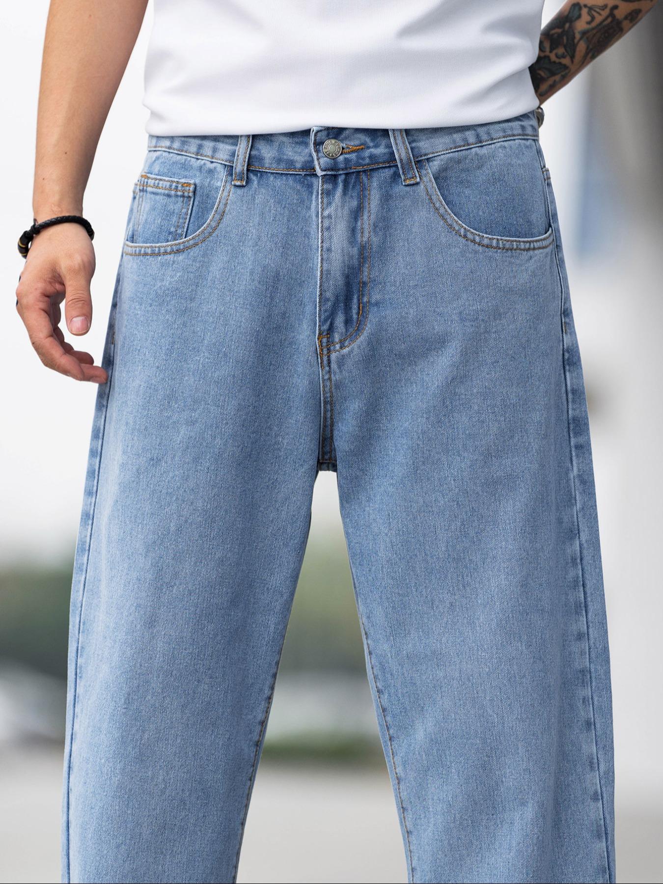 Men's Solid Color Wide Leg Jeans, Loose Casual Comfy Denim Trousers for Daily Wear, Fashion Men's Bottoms for All Seasons