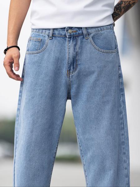 Men's Solid Color Wide Leg Jeans, Loose Casual Comfy Denim Trousers for Daily Wear, Fashion Men's Bottoms for All Seasons