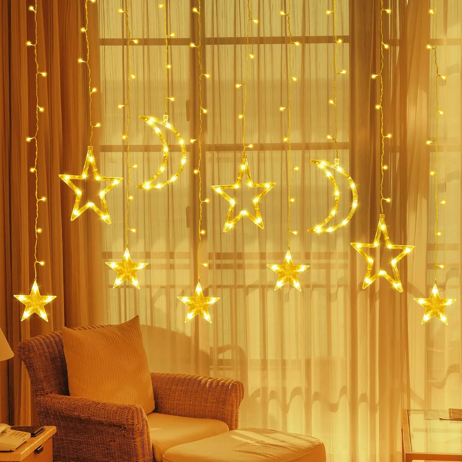 and Moon Ramadan Lights 11.48ft, 138 LEDs Ramadan Curtain String Lights Decorations for  with Remote, 8 Modes,  Operated Fairy Lights Window Lights for Indoor Outdoor Holiday