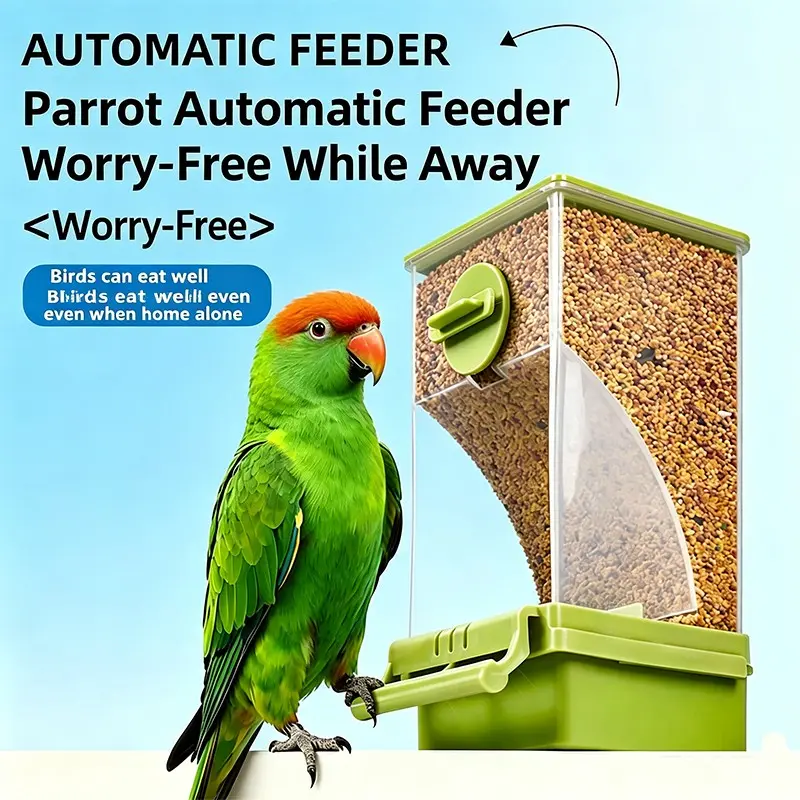 Automatic Parrot Feeder, Bird Cage Food Box with Stand Pole, Suitable for Budgies, Canaries, Lovebirds, Finches, Automatic Bird Feeder, No Mess Bird Feeder