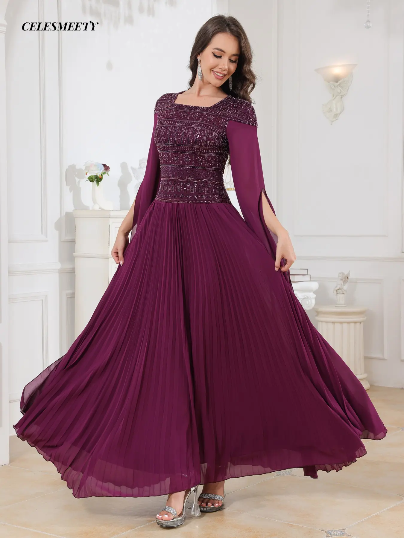 Celesmeety Women's Sequin Long Dress, Sheer Extra-Long Sleeve Elegant Formal Evening Gown, Perfect for Parties, Graduations, Banquets, Luxury Events