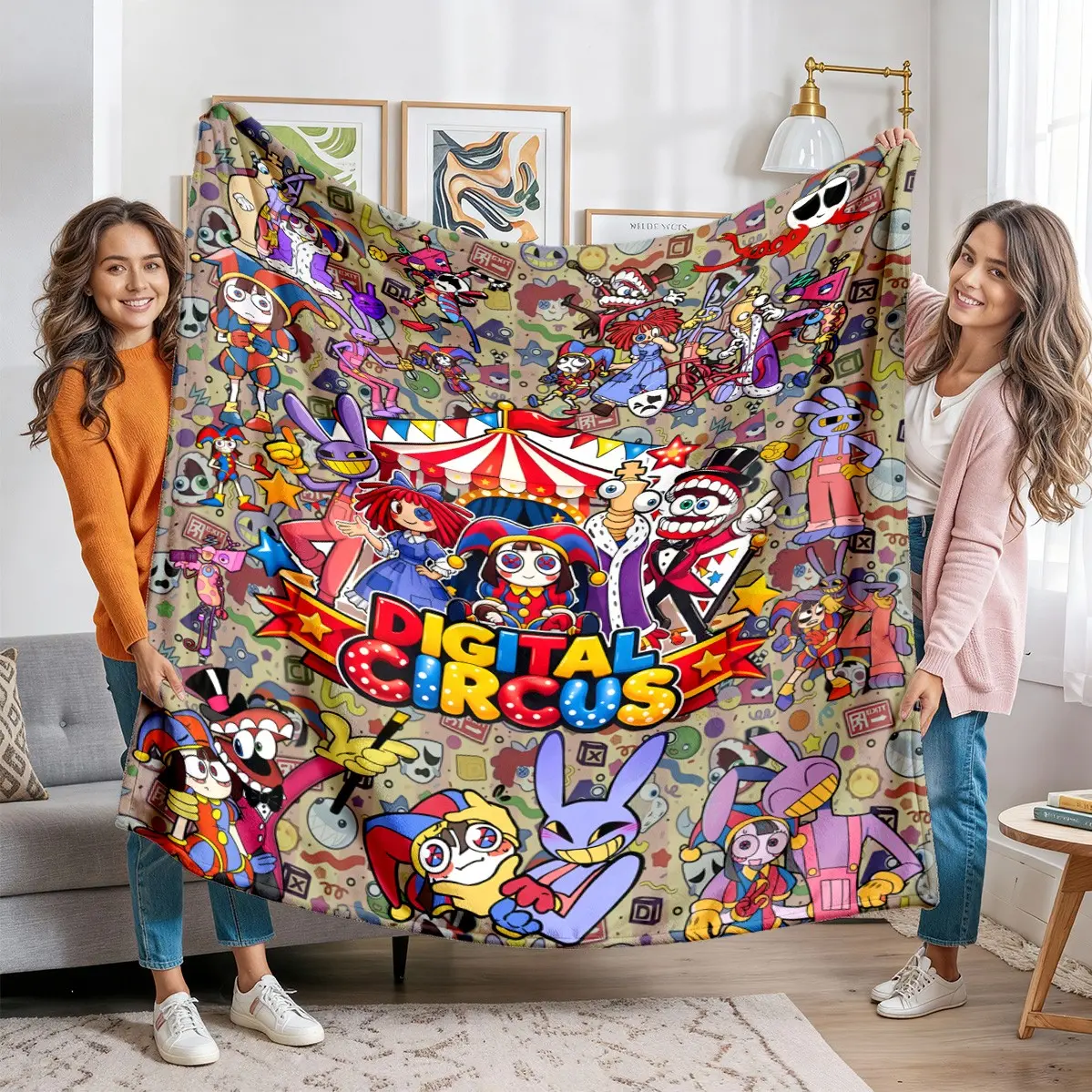 Amazing Digital Circus Flannel Blanket, Full Cast Cartoon Print, Whimsical Circus Design, Tadc Fans Gift, Kids & Teen Bedroom Decor, Cartoon Printed Blanket