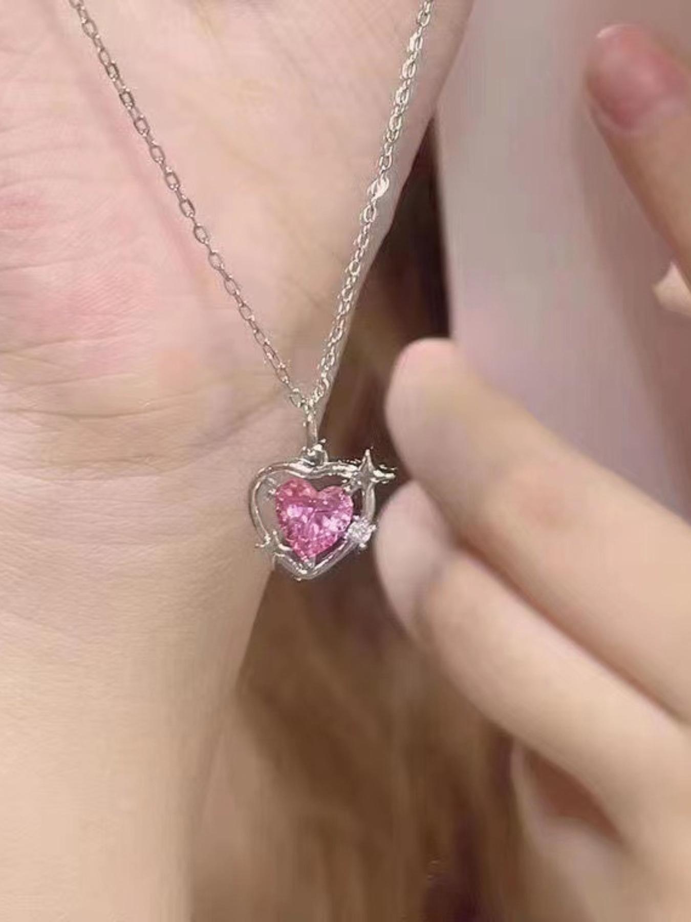 Women's Elegant Pink Rhinestone Decor Star Detail Pendant Necklace, Fashionable All-match Heart Shape Design Necklace for Party, Daily Clothing Decor for Girl, Dainty Necklace, Love Heart Necklace