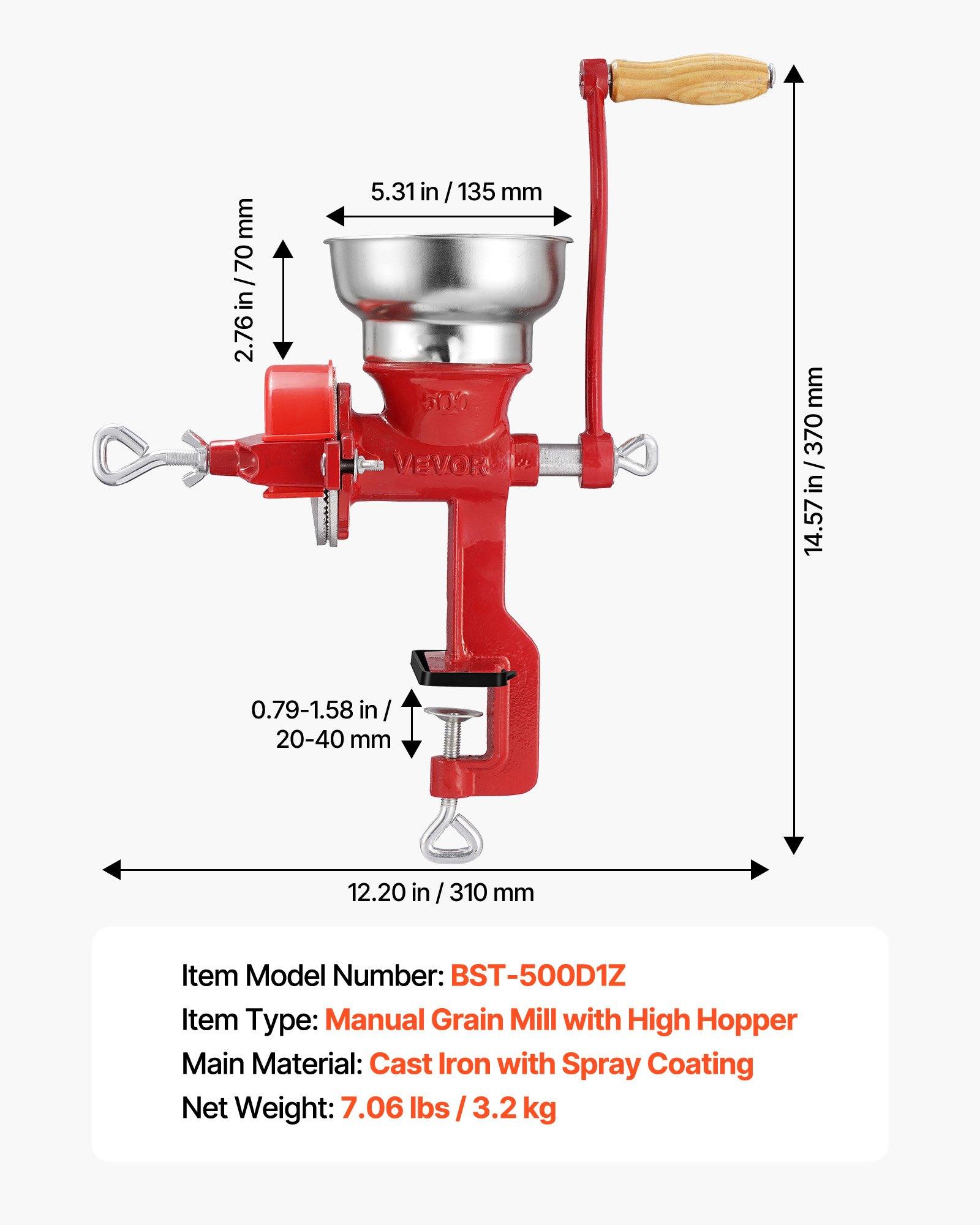 VEVOR Manual Grain Mill with Low Hopper, Hand-Crank Corn Grinder, Heavy Duty Cast Iron Wheat Grinding Mill with Stable Table Clamp & Dust Cover for Grains Spices Coffee Beans Nuts
