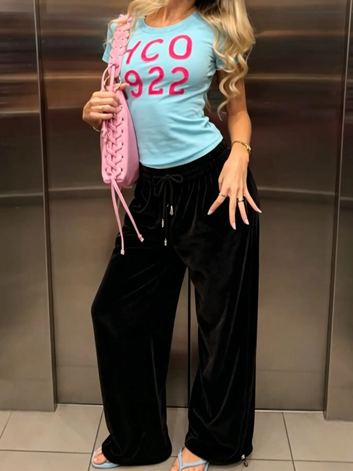 Women's Casual Loose Velvet Long Pants, Basic Streetwear Plain Wide-Leg Brown Joggers Trousers, Elastic Waist Comfortable Daily Clothing