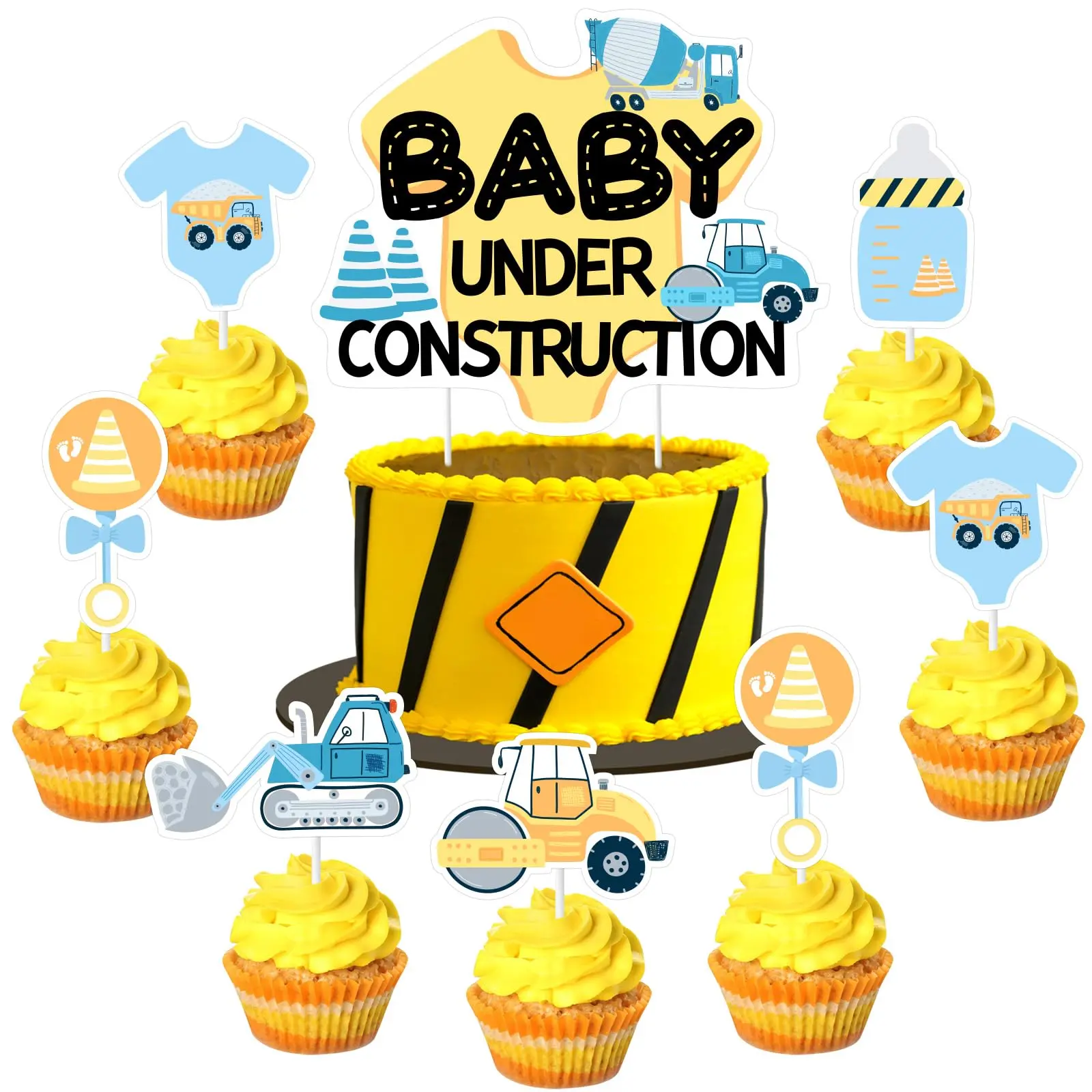 1Set Orange Blue Construction Cupcake Toppers Under Construction Baby Shower Decorations for Boys Dump Truck Baby Shower Decorations for Dump Truck Baby Shower Party Supplies