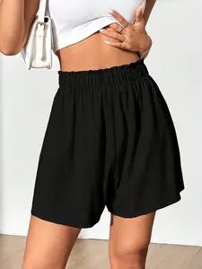 Women's Pleated Elastic Waist Casual Shorts, Solid Color Design, Baggy Wide Leg Cut, Comfortable and Stylish Summer Bottoms