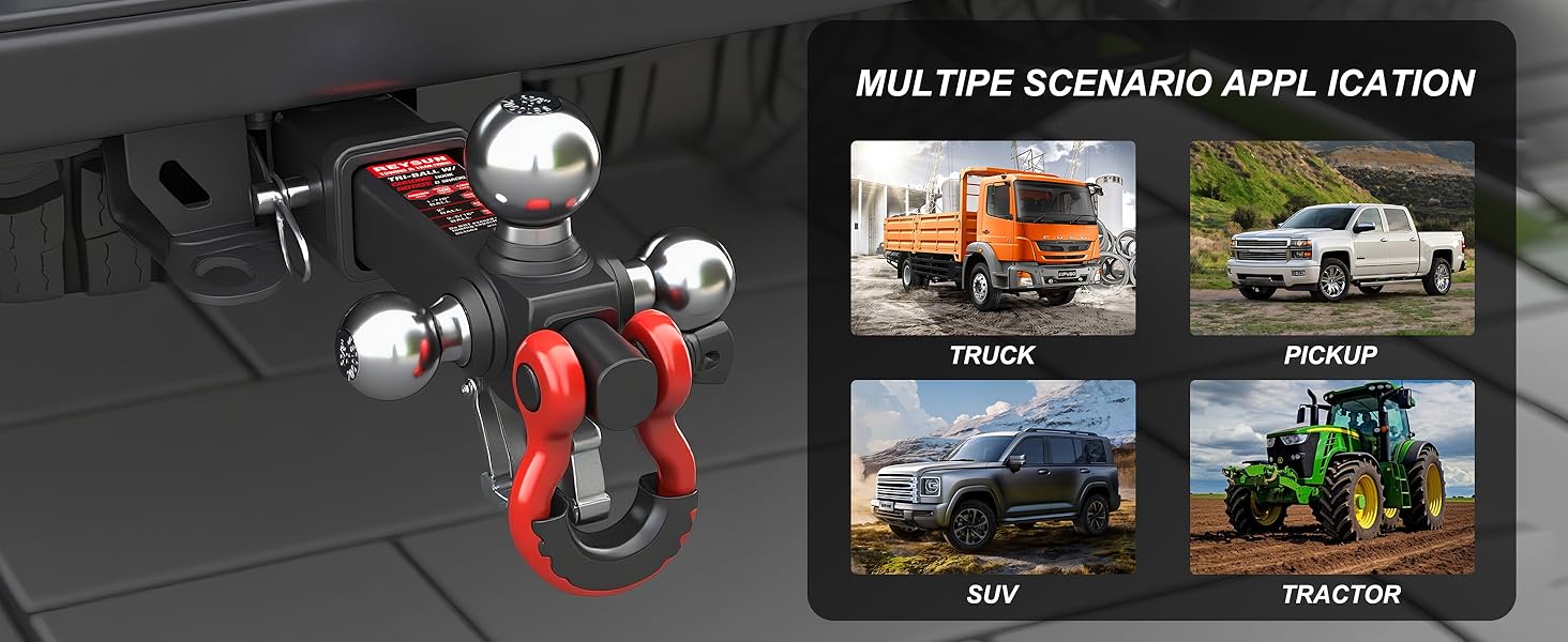 Trailer Hitch Tri-Ball Mount: with Swivel Tow Shackle and Tow Hook, fits for 2-inch Receiver, Chrome Trailer Ball Size 1-7/8", 2 Trailer Hitch Tri-Ball Mount: with Swivel Tow Shackle and Tow Hook, fits for 2-inch Receiver, Chrome Trailer Ball Size 1-7/8", 2