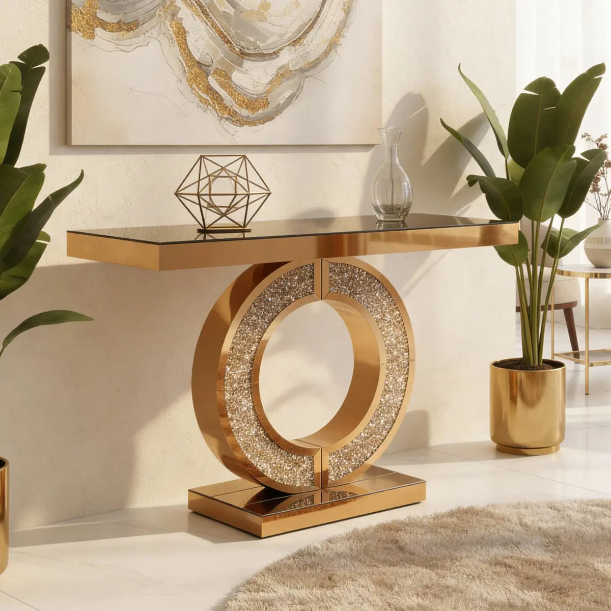 Mirrored Console Table, Rectangle Sofa Table with Sparkling Crystal O Shaped Base, Modern Luxury Mirrored Furniture with Diamond Glass Effects for Entryway Hallway,Brown