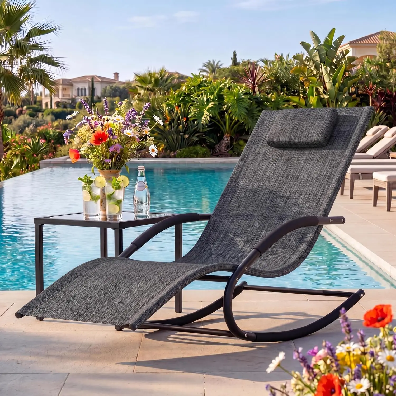 Outdoor Lounge Chair, Rocking Chair, Lounge Chair Recliner with Detachable Pillow for Patio, Lawn, Pool, Outdoor Home Furniture, Gray