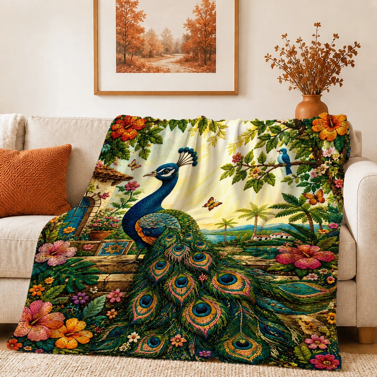 1pc Peacock Floral Blanket, Vibrant Tropical Style, Large Central Peacock Artwork Surrounded by Colorful Flowers and Detailed Borders, for Living Room Sofa Bedroom and Home Decor