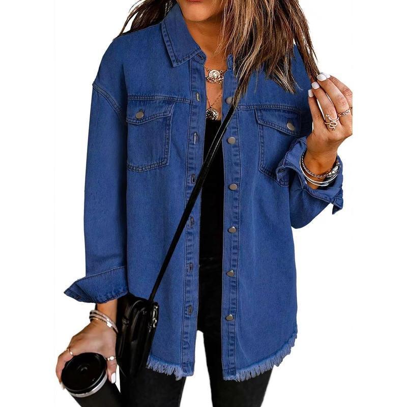 Women's Button Up Frayed Hem Shacket Long Sleeve Pockets Denim Jean Jacket