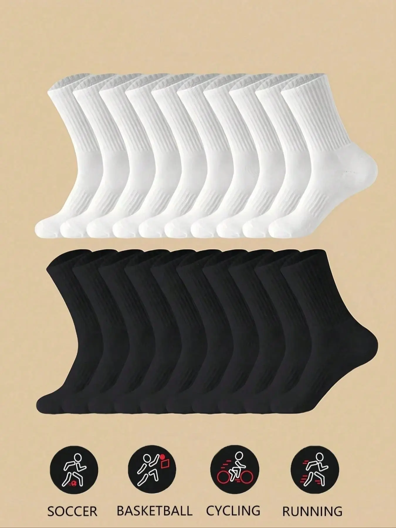 20 Pairs Men's Teenager Plain Crew Athletic Socks, Unisex Sporty Mid-Calf Socks, Breathable Thick Socks for Sports, Outdoor, Business, Casual