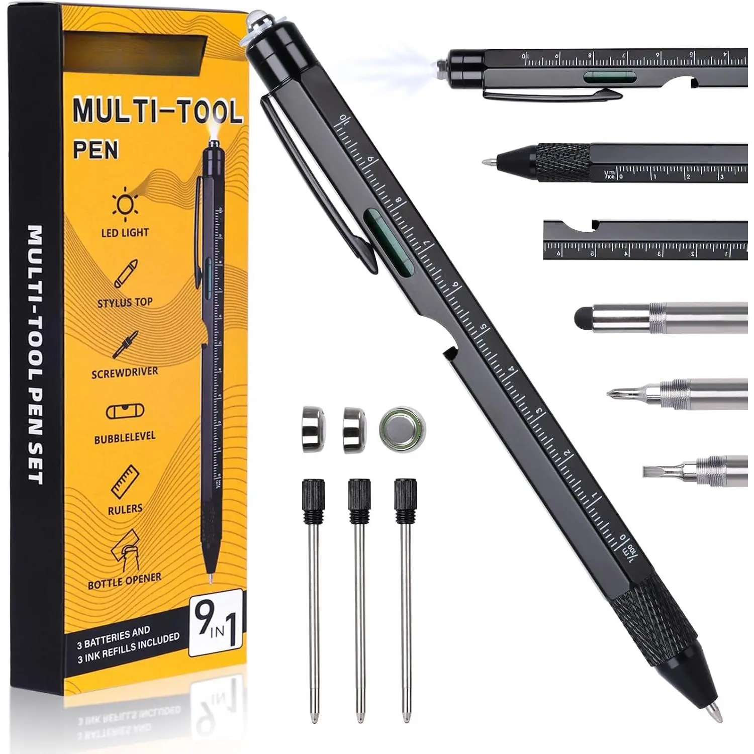9 in 1 Multitool Pen, Mens , Stocking Stuffers for Men | Cool Tools Gadgets, Birthday/Christmas/Fathers Day/Valentines Day Gifts for Men Dad Husband Him