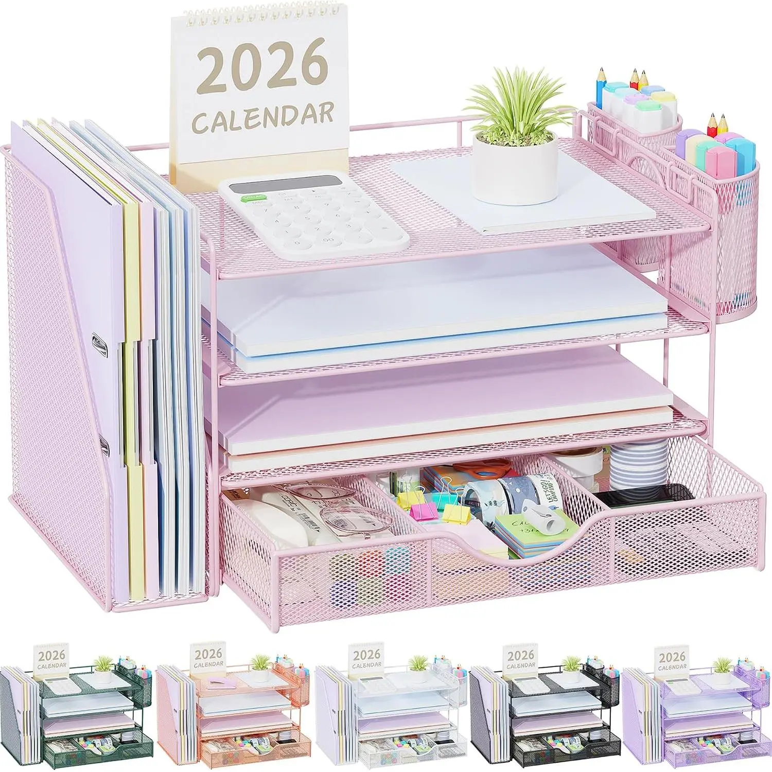 Desk Organizers and Accessories with File Holder, 4-Tier Desk Accessories & Workspace Organizers with Drawer and 2 Pen Holder, Paper Organizer for Office Supplies (Pink)