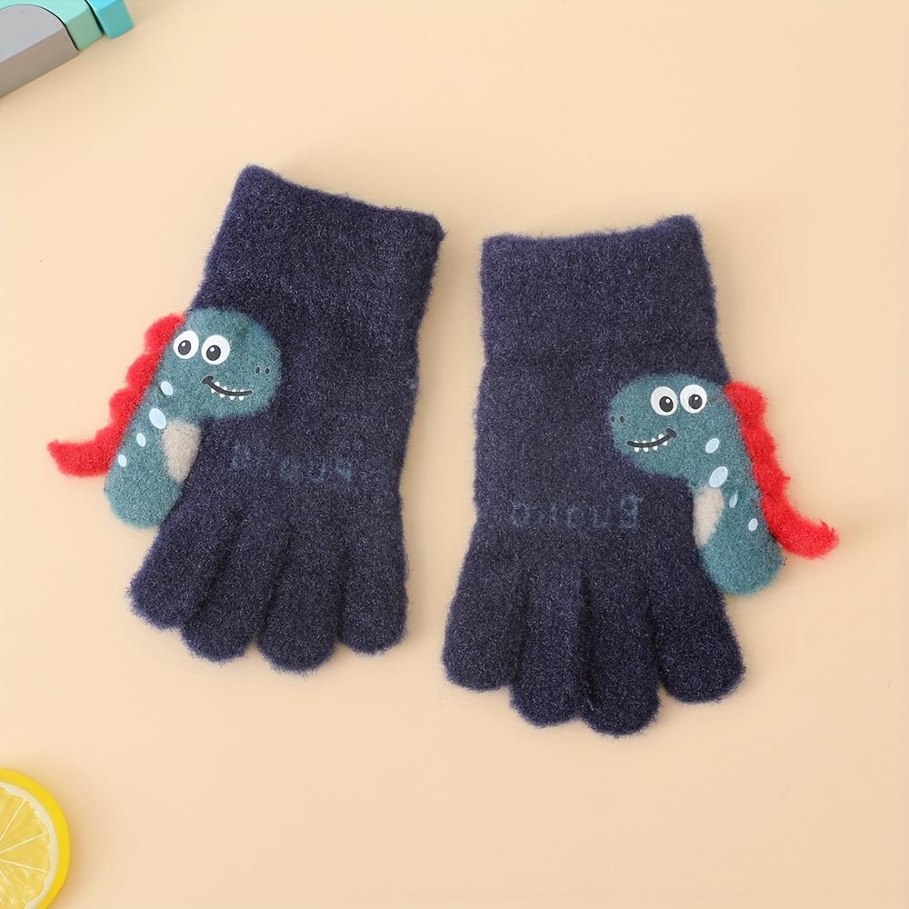 1 Pair of Youngsters's Gloves, Autumn and Winter Warm Plush Five-Finger Cute Cartoon Dinosaur Knitted Mittens for Boys & Girls, 3-7 Years Old