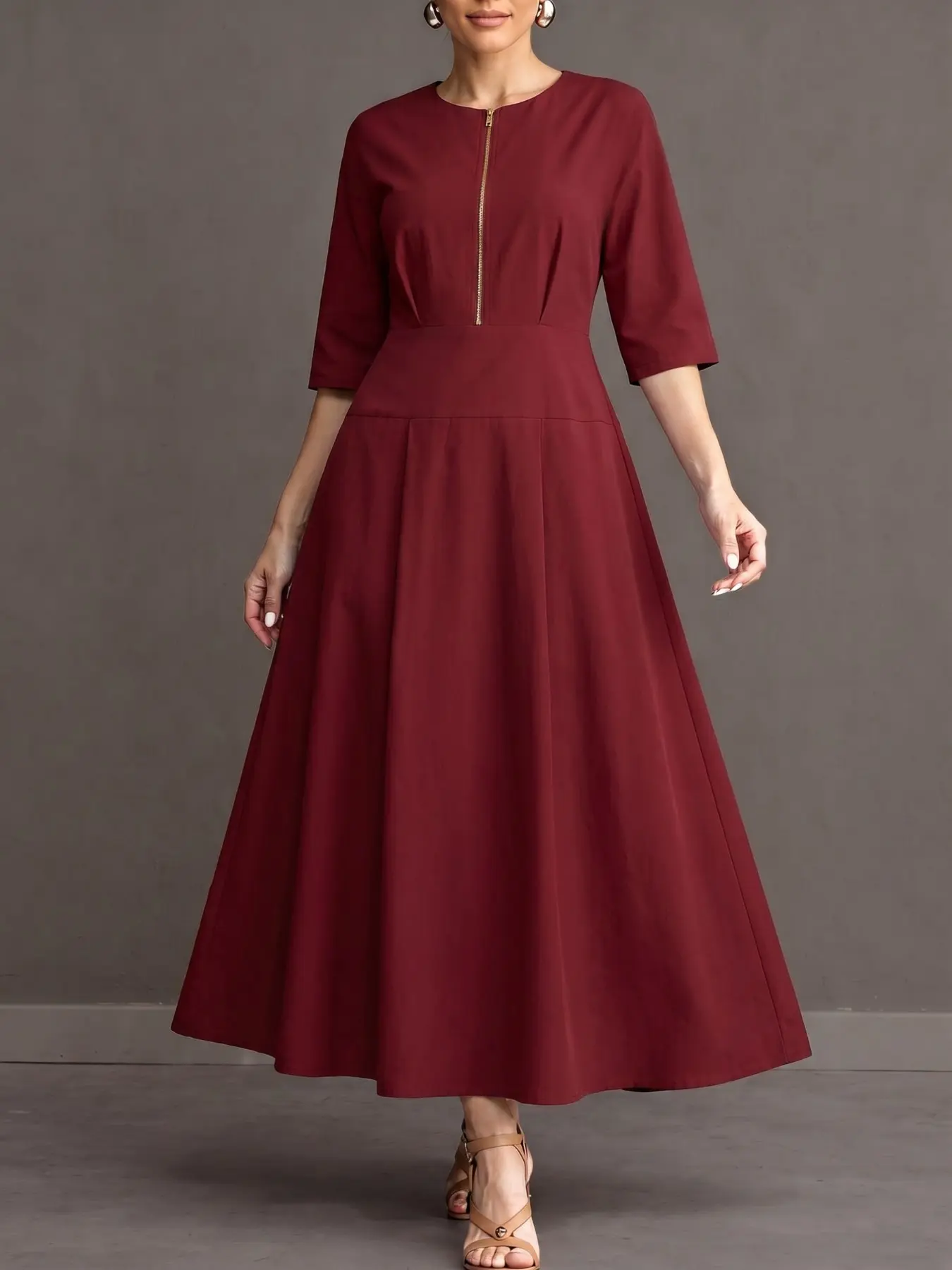 ZANZEA Women's Round Neck Half Sleeve Zipper Design A-Line Dress, Casual Office Style Long Dress, Loose-Fitting Solid Pattern