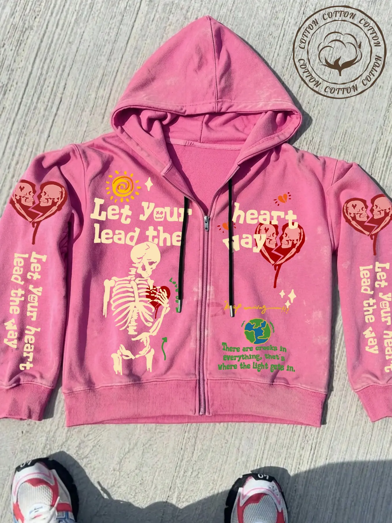 Men's Y2K Vintage Washed Hoodie, Casual Cotton Loose Fit Full Zip Jacket, Skull Heart Print, Streetwear Outerwear for Skateboarding, Outdoor, Hip Hop