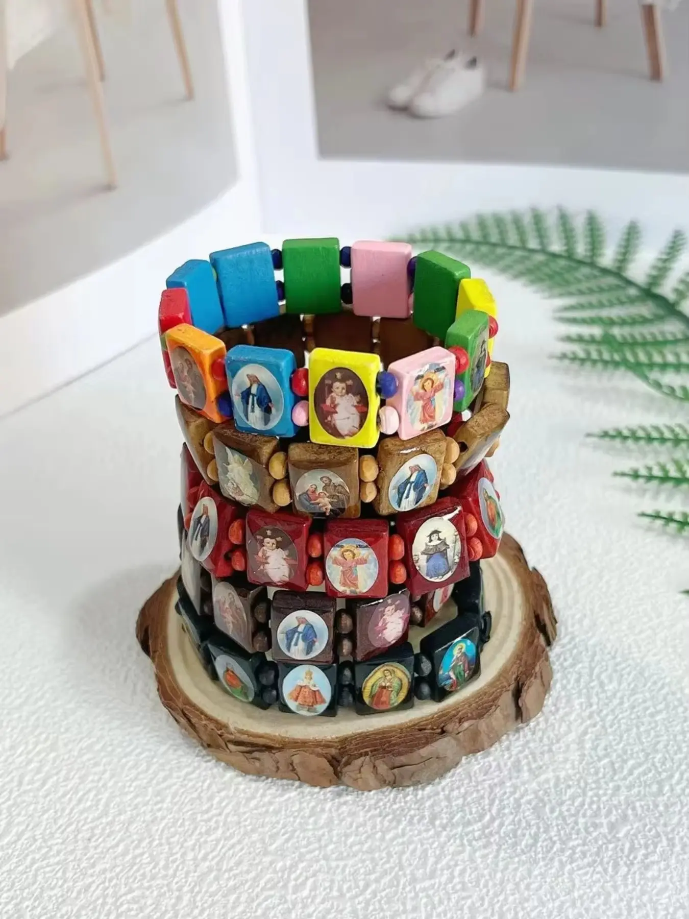 Natural Wood Bead Bracelet with Religious Saint Sticker, Elastic Stretch DIY Prayer Beads, Handmade Cross Wooden Bead Bracelet, DIY Beaded Bracelet