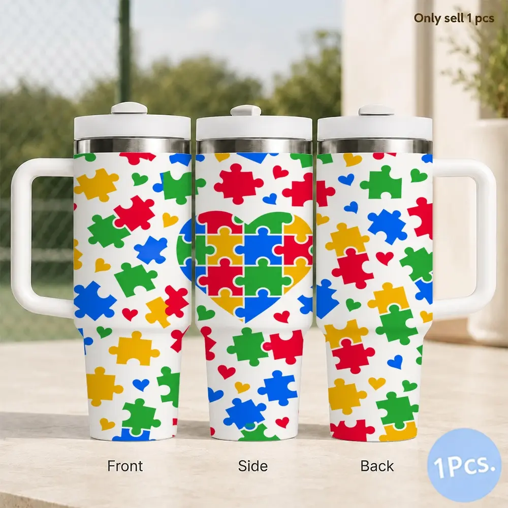 Autism Puzzle Vacuum Flasks 40oz Insulated Tumbler with Handle and Straw, Stainless Steel Large Capacity Water Cup with Lid, Car Cup Holder Friendly, Reusable Tumbler Gift for Women and Friends