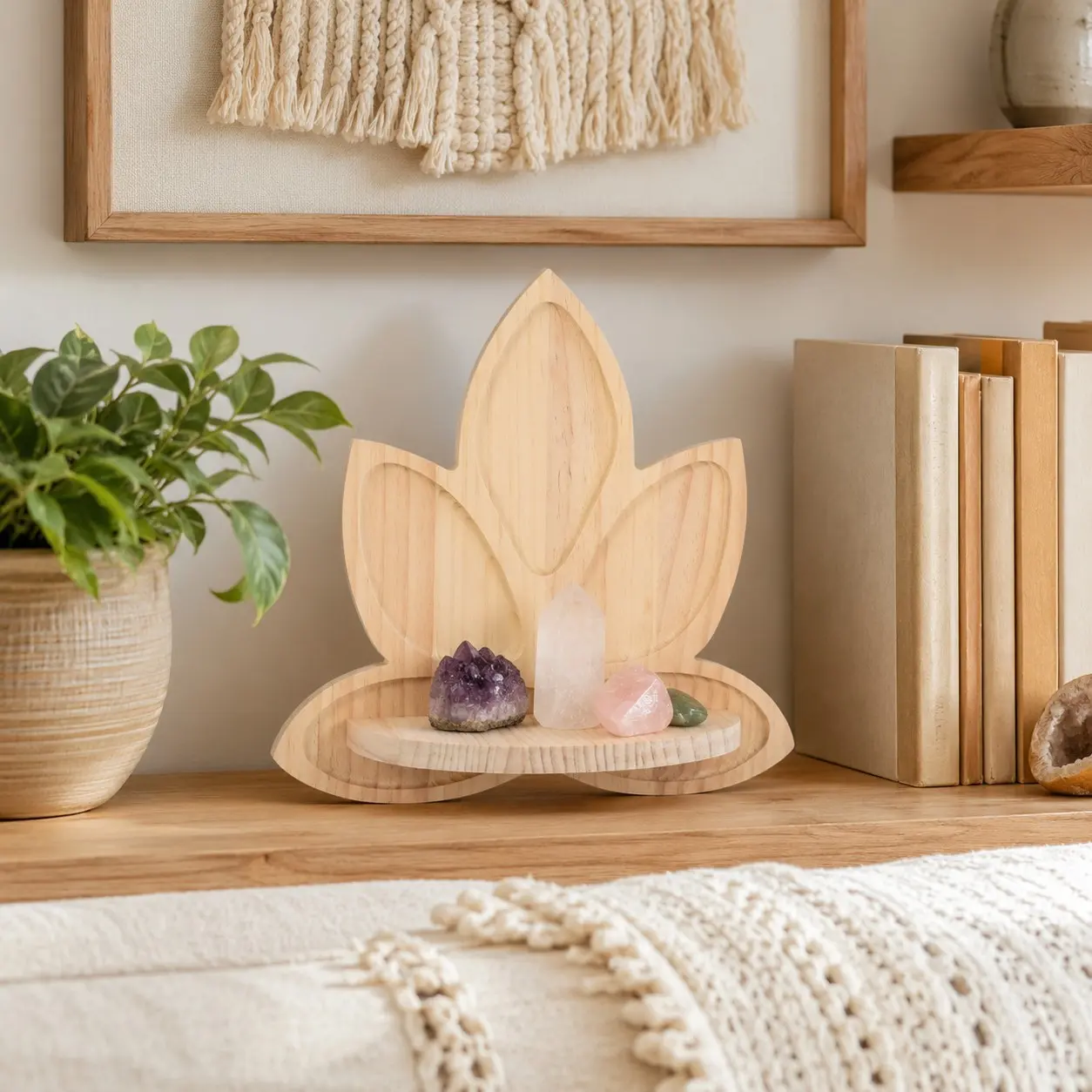 Rustic Wood Holder Wall Decor, Zen Floating Shelf Wooden Lotus Wall Shelf, Bohemian Curved Leaf Design, Minimalist Wall-Mounted Storage Shelf, Pine Wood Material, Natural Home Decor