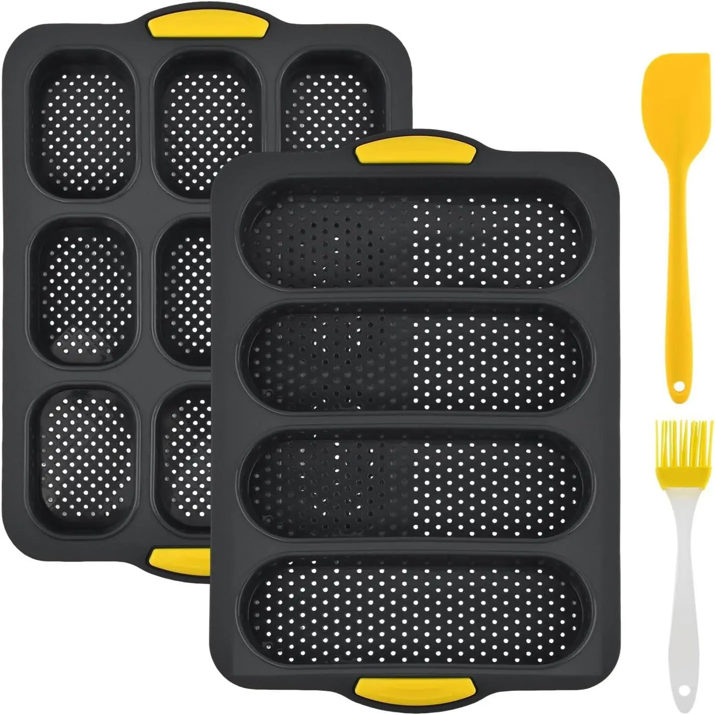 2 Pcs Grey Silicone Baguette Bread Pan Set, 4 Hole Non-Stick Long French Loaf Pan & 9 Hole Hamburger Bun Mold with Scraper Oil Brush for Homemade Buns Sandwich Rolls Toast Baking