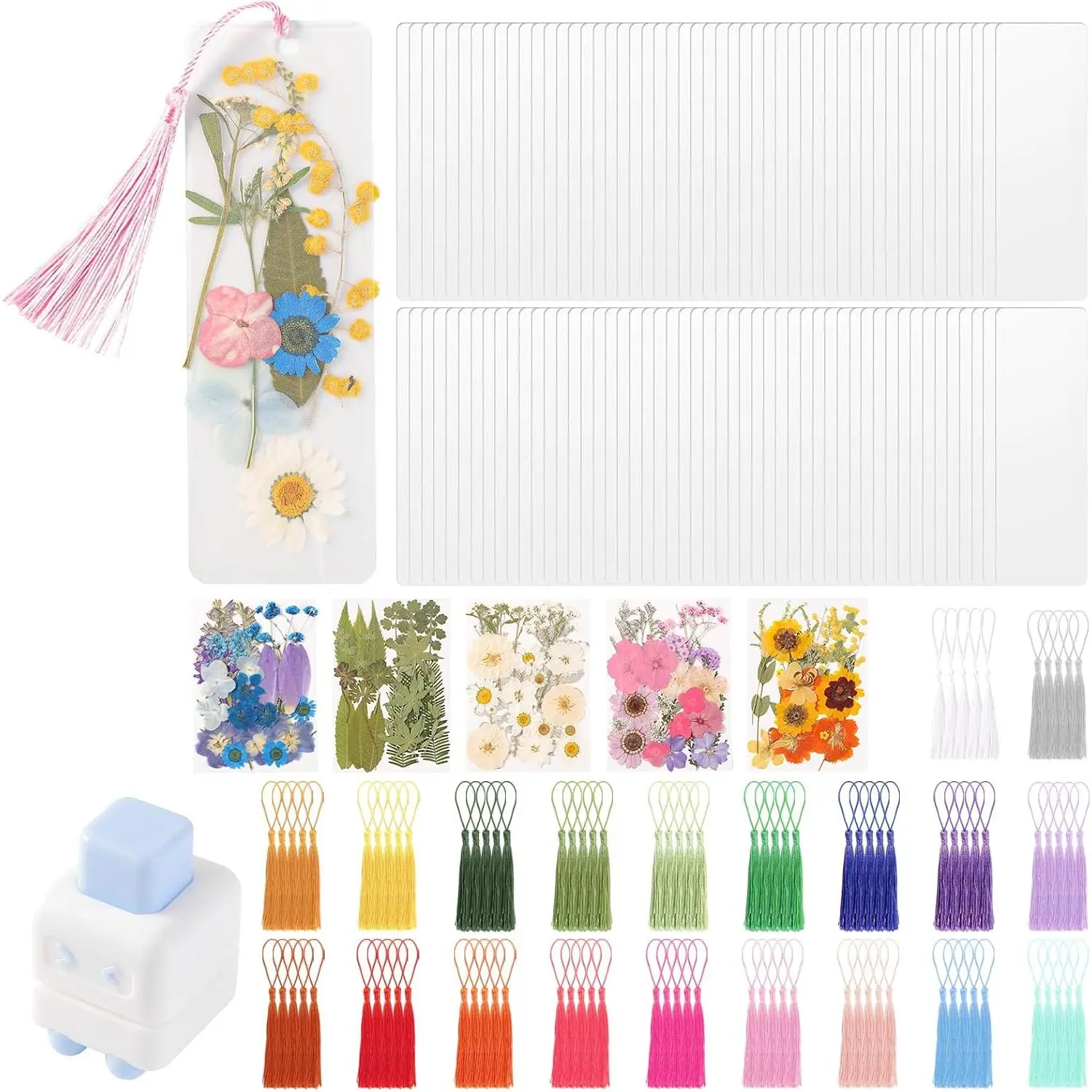326 count Pressed Flower Bookmark Making Kit, DIY Bookmark Kit for Book Lover | 125 Dried , 100 count 12 Mils Bookmarks Laminating Pouches, 100 Tassle and 1 Puncher