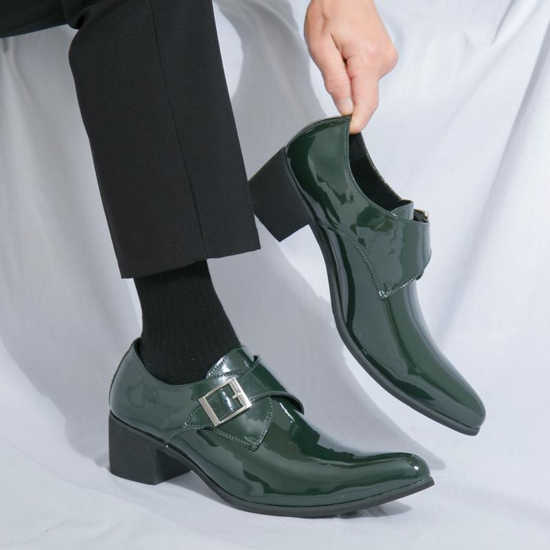 2025 Men's High Heels New British Style Pointed Retro Luxury Black Green, Suitable for 11 Festival Occasions