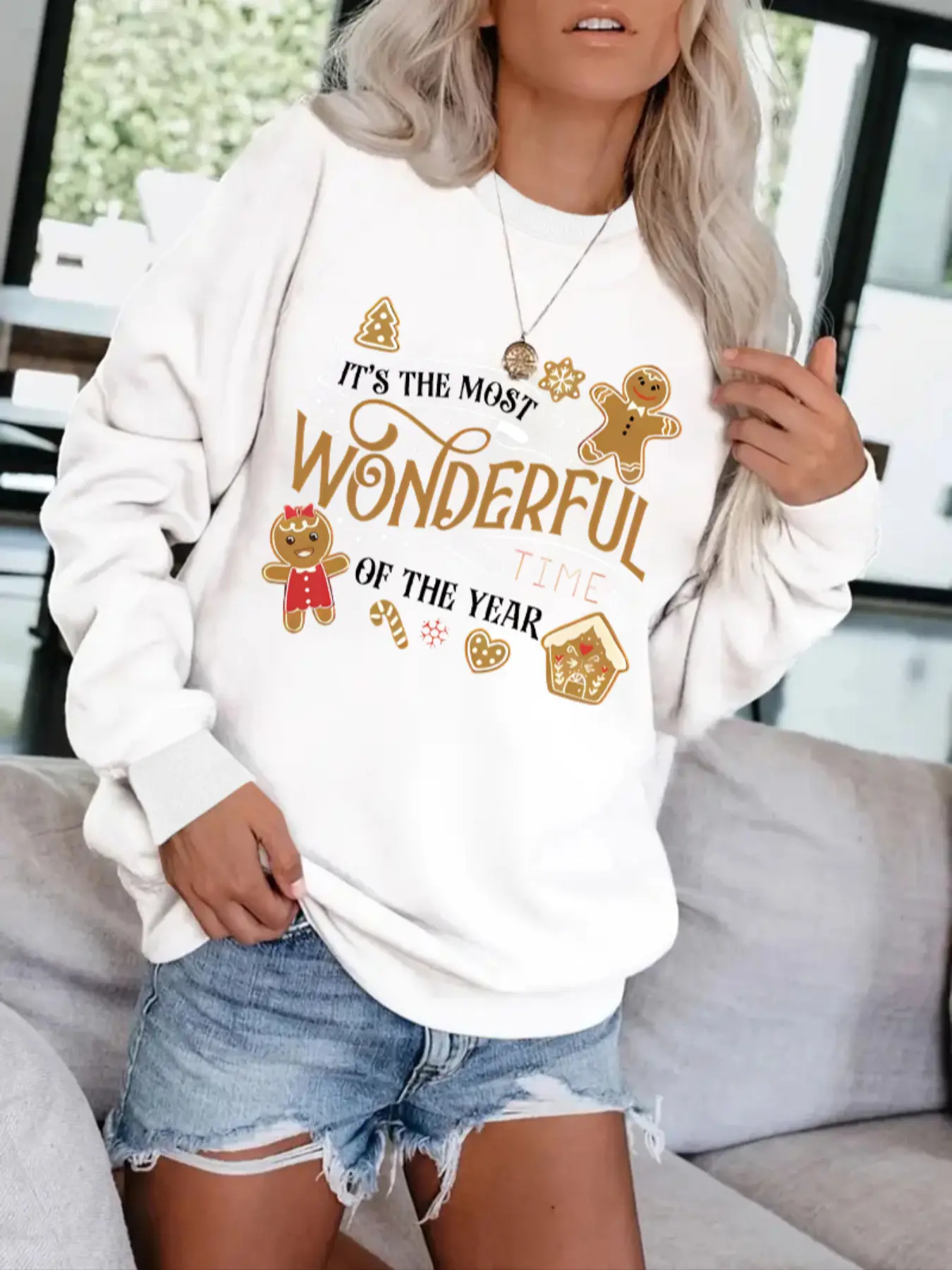 Women's Casual Christmas Gingerbread Man Pattern Sweatshirt, Soft Long Sleeve Round Neck, Comfortable Daily Wear