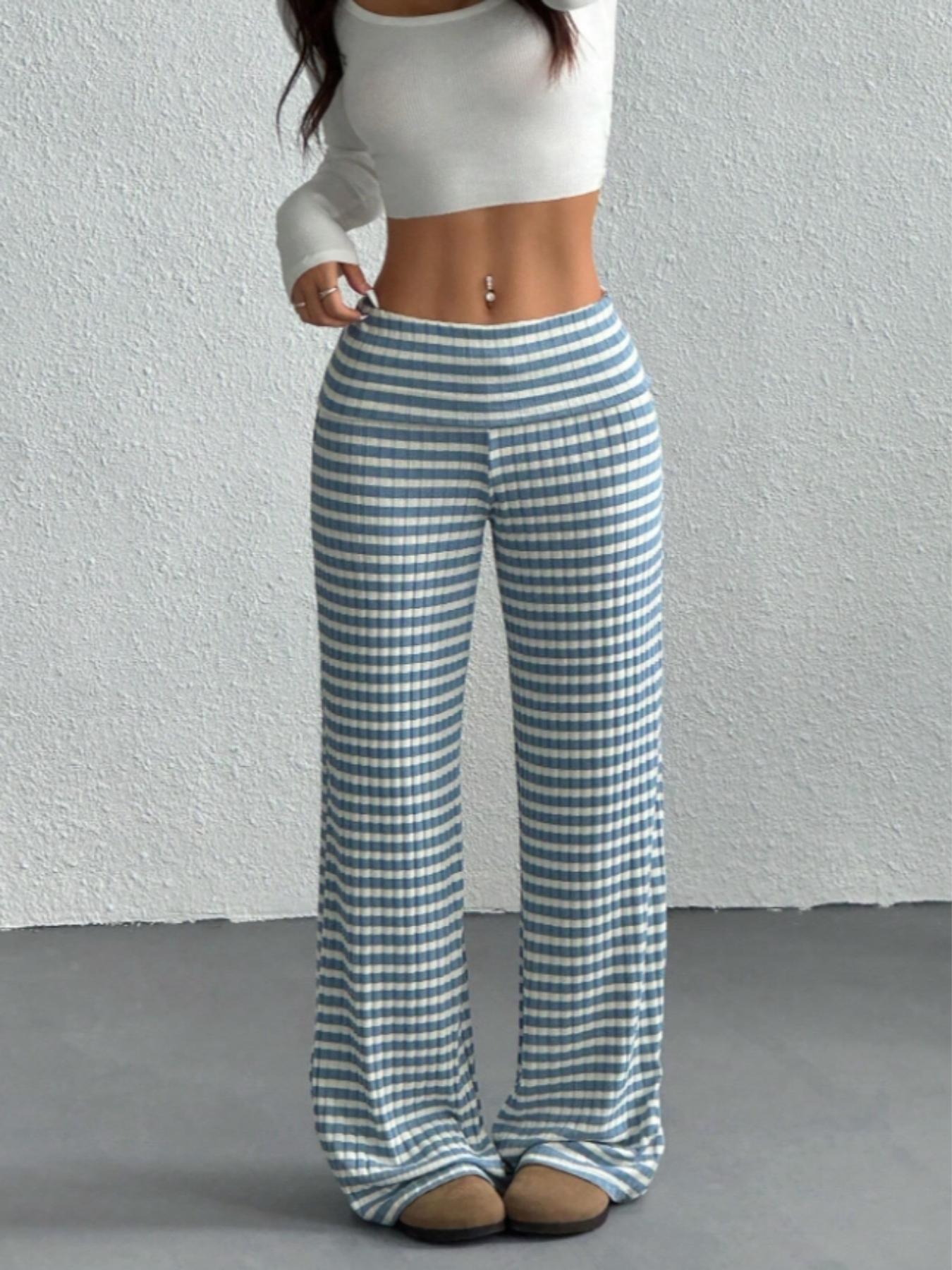 Women's Striped Casual Low Waist Pants, Fashionable Knitted Long Trousers for Daily Wear, Stylish Ladies' Clothing