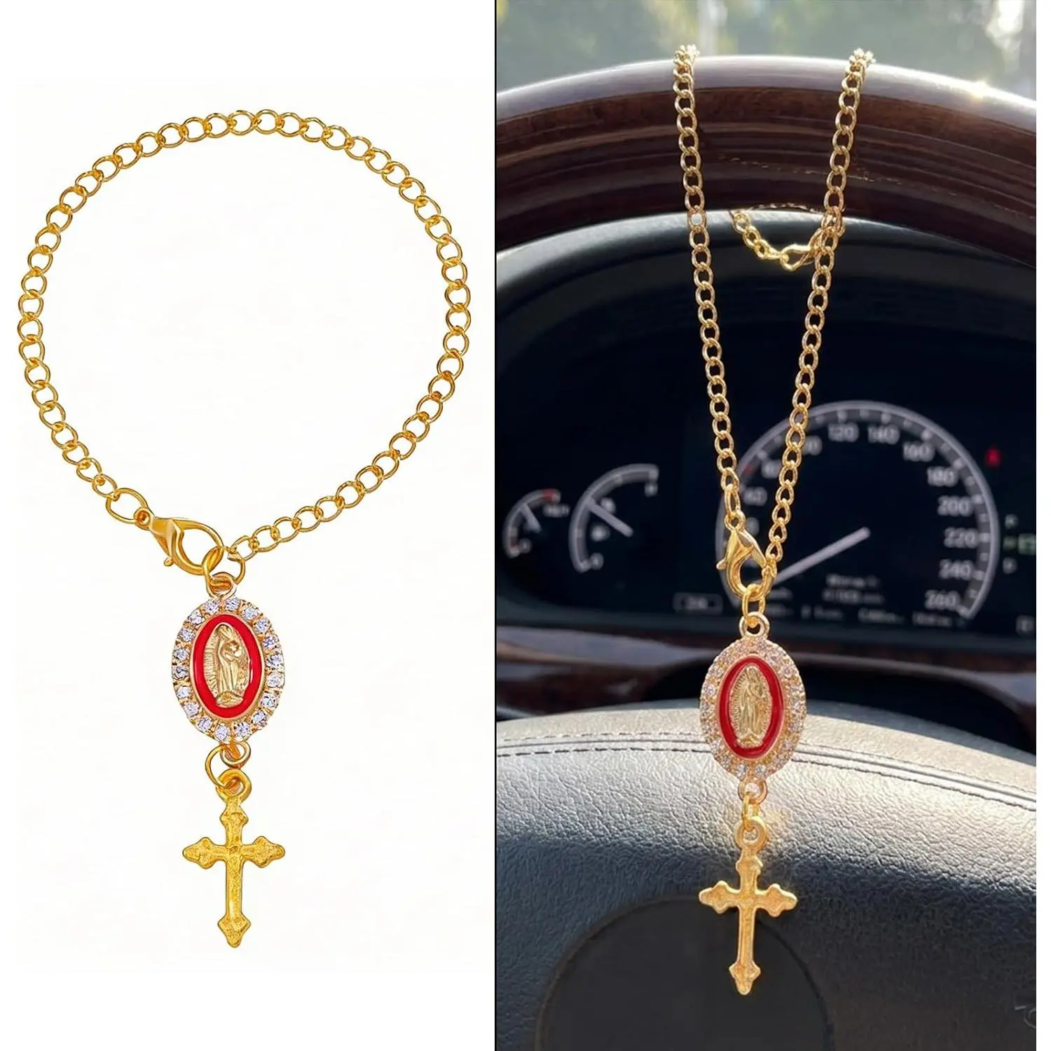 Steering Wheel Beads   Protection Beads,  Rosary for Rearview Mirror, Steering Wheel Chain Decorative Insert, Single Pack Mini Rosary Charms (Red)