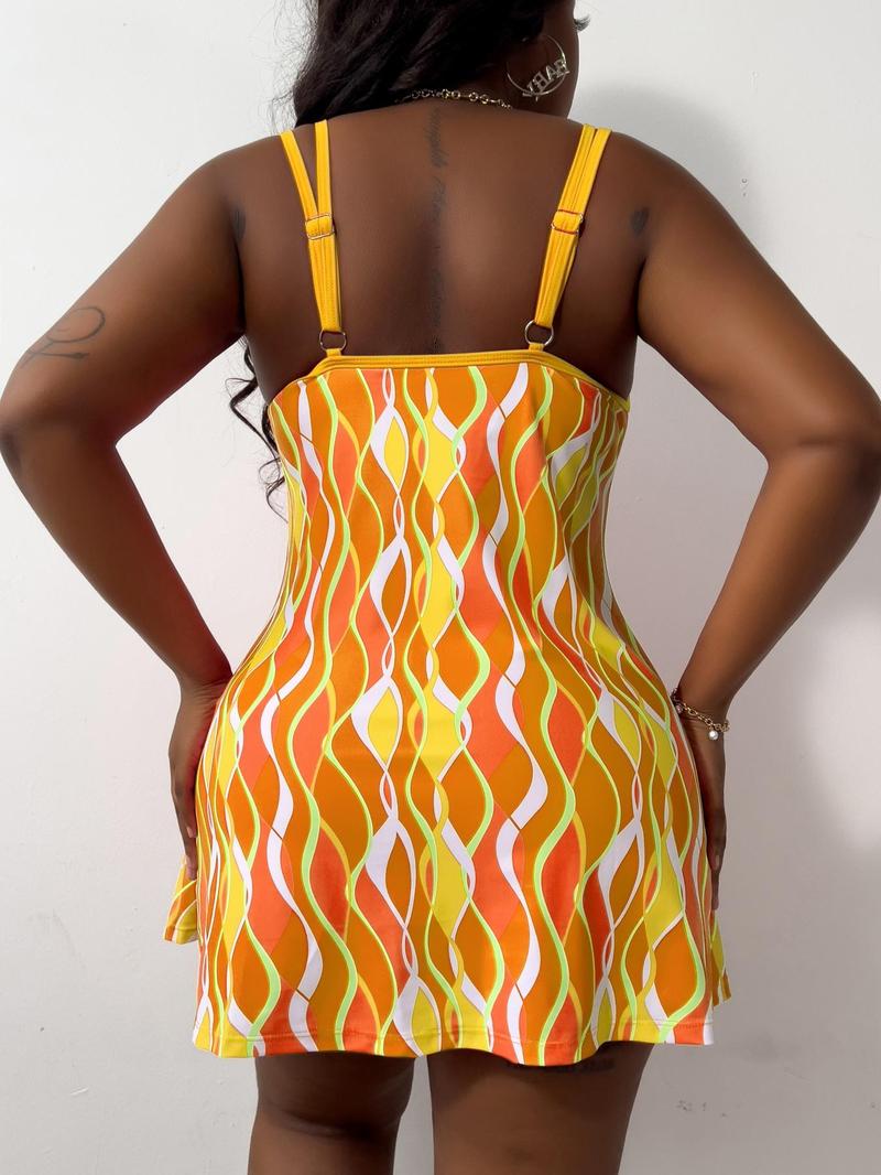 【Plus Size】colorful Wave Striped Print Tankinis Set, Adjustable Strap Backless Scoop Neck Swim Top & Swim Shorts Tankini Swimsuits, Bathing Suits Women, Tankini Top Bottoms, Neon Summer Swimsuit