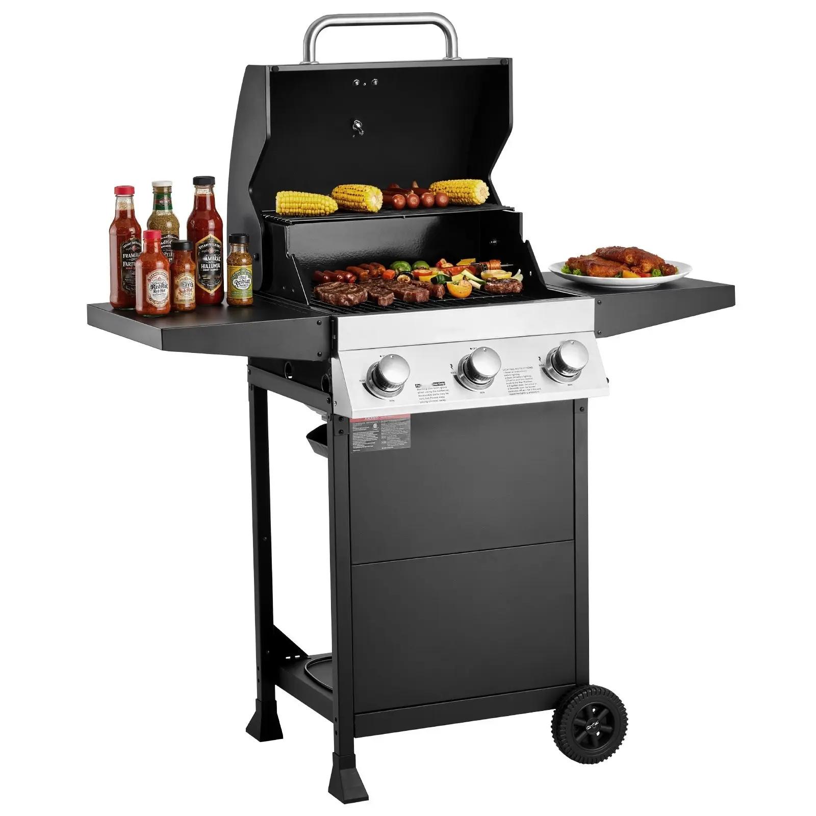 3-Burner Propane Gas Grill With Carbon Steel Construction, Outdoor Backyard Patio BBQ Grill For Family Cookouts, Includes Foldable Side Shelves For Food Prep and Utensils, Easy Assembly, Durable Weather-Resistant Performance