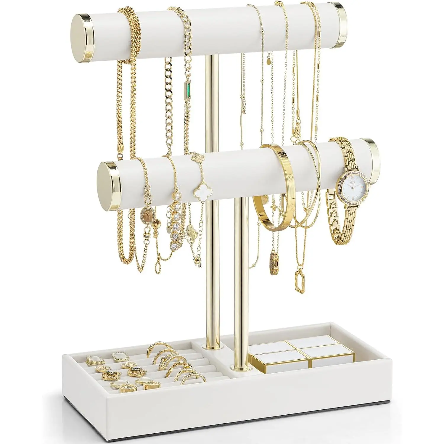 Women's 2-Tier Leather Jewelry Stand Organizer with Tray - Home Storage Holder for Necklaces, Watches, Rings, Earrings, Bangles, Scrunchies - White Jewelry Display