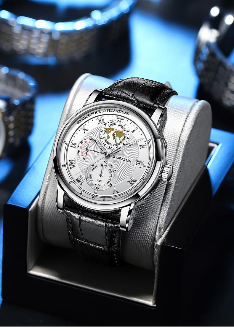 Men's Navigator high-end fashion watch: Swiss original movement, 42mm dial, leather strap, stainless steel case, waterproof luminous function, scratch and knock resistant, suitable for parties, business meetings, casual wear.