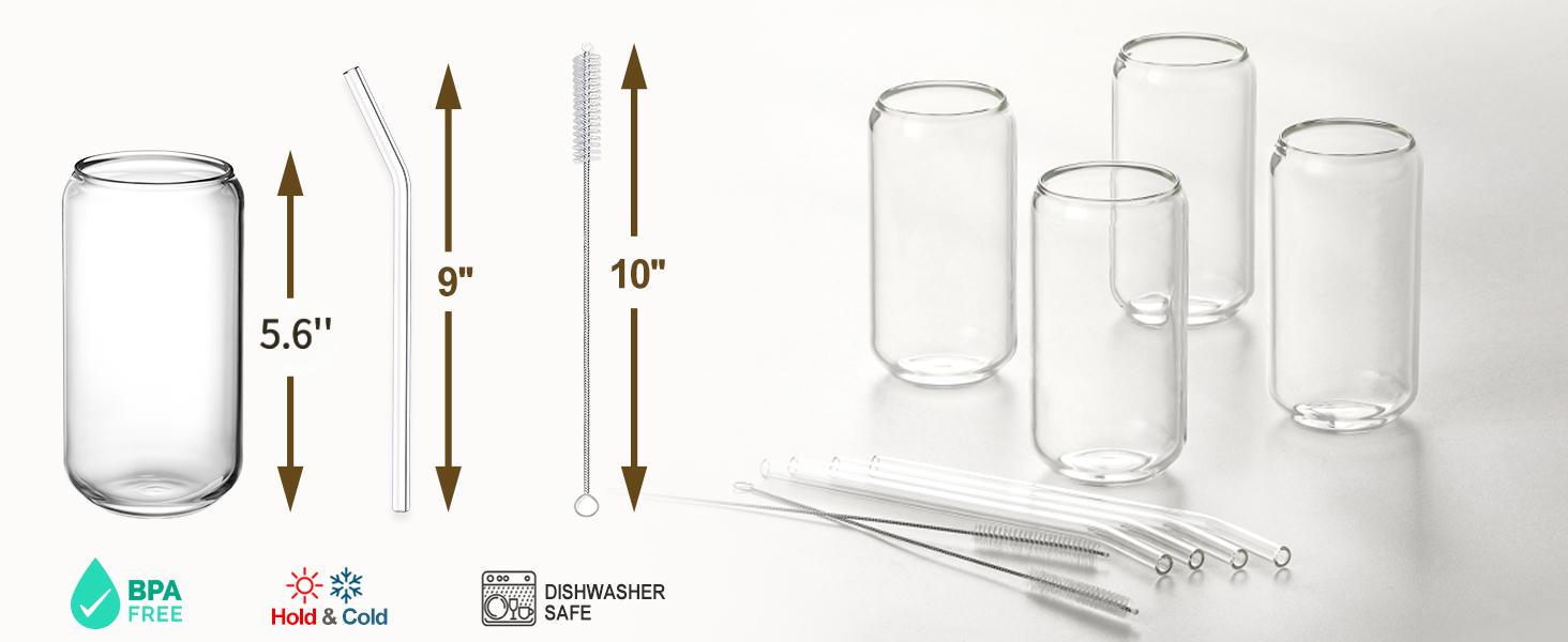 Glasses with Glass Straw 4pcs Set - 16oz Highball Glass Cups, Beer Glasses, Iced Coffee Glasses, Cute Tumbler Cup, Ideal for Whiskey, Soda, Tea, Water, Gift, 1 Brushes