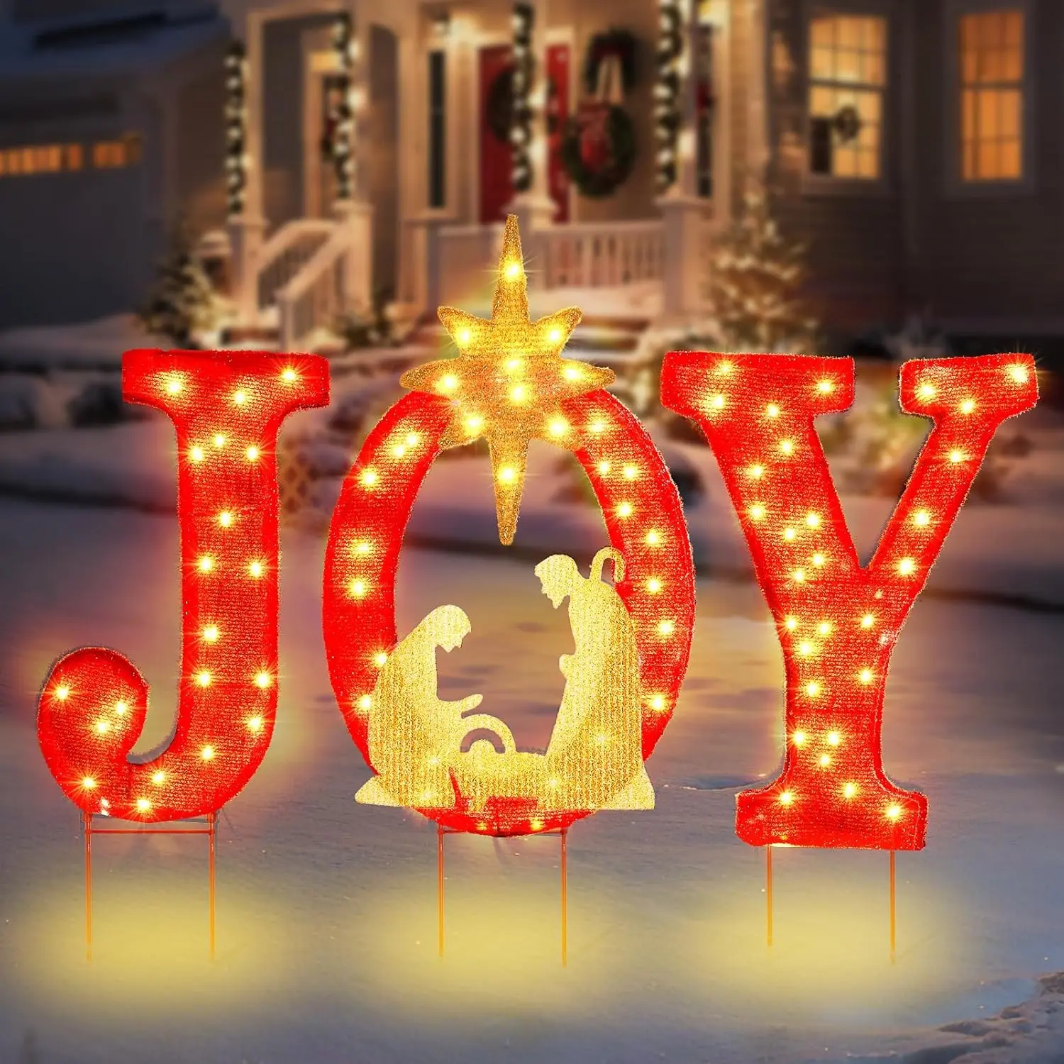 Christmas Joy Yard Decoration, 90 LED Lighted Outdoor Nativity Set 33inch Lawn Religious Scene Decor with Timer and 8 Lighting Modes for Patio Garden Xmas Party Home, Ground Stakes - Red/Golden