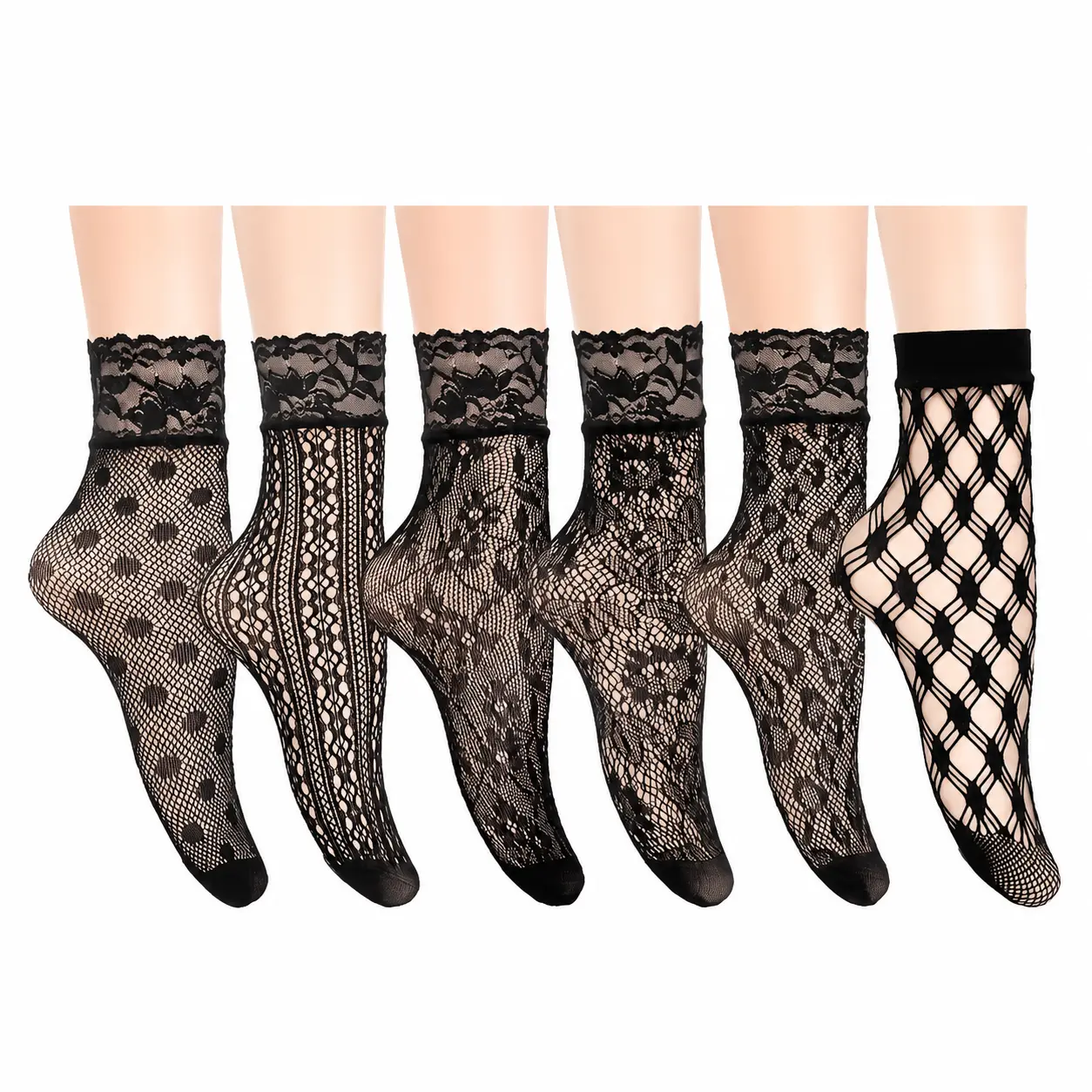 Women's Flower Lace Thin Mesh Ankle-Length Stockings, All-Seasons, Avoid Snags, 6-Pack