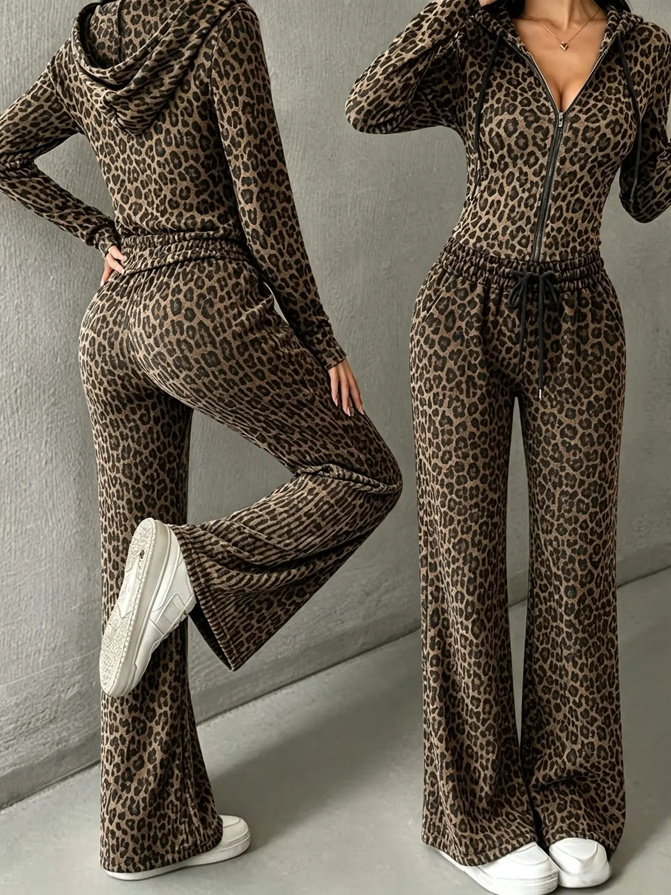 Y2K Style Women's Leopard Tracksuit, 2-Piece Set with Hooded Jacket & Wide Leg Pants, Soft Fabric Streetwear for Fall/winter