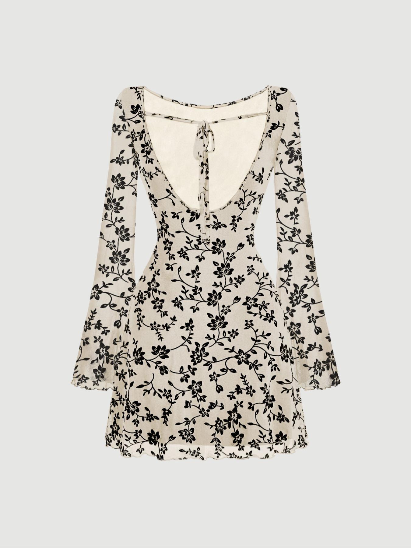Women's Floral Print Backless Flounce Sleeve Dress, Elegant Round Neck Long Sleeve A Line Dress for Party Holiday Wedding Guest, Ladies Clothes, Womenswear