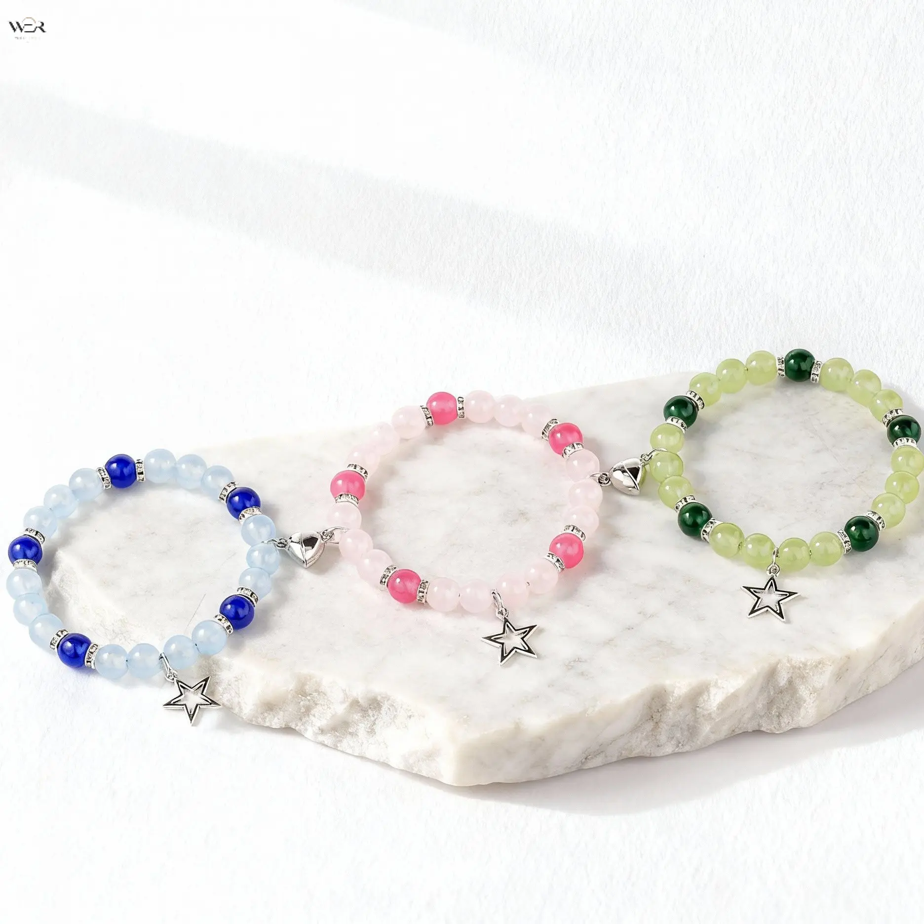 Unisex 3-Color Gradient Glass & Alloy Magnetic Clasp Bracelet - 16-18.5cm Stretch Size, Hollow Star Charm, Matching Couple Jewelry for Friendship, Beaded Bracelet Stack & Daily Wear