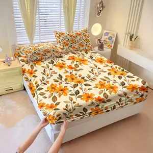 3Pcs Fresh Daisy Floral Leafy Branch Fitted Sheet Set, Trendy Print Machine Washable, Breathable Hypoallergenic Sweat-Free Fabric, Perfect For Back-To-School Dorm Arrangement, Autumn Atmosphere Complete Bedding For Homestay Guest Rooms