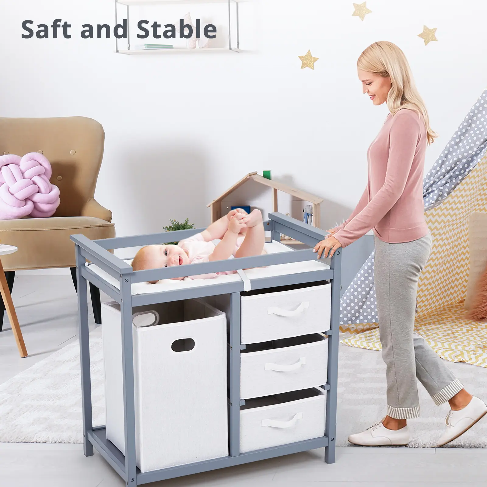 Modern Wooden Baby Changing Table Dresser – 3 Storage Drawers – Laundry Hamper – Safety Belt & Changing Pad – Nursery Diaper Station for Infant & Toddler