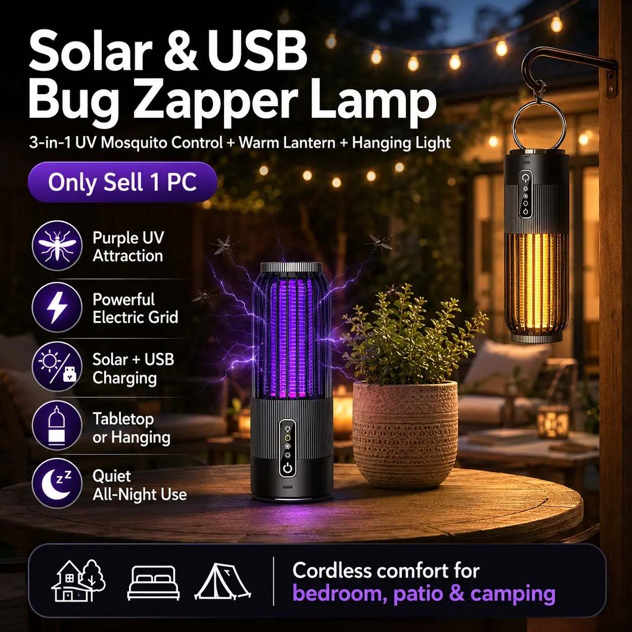 Solar Bug Zapper Outdoor & Indoor, USB Rechargeable Mosquito Killer Lamp with UV Purple Light, Electric Fly Trap, 2-in-1 Solar Powered Cordless Insect Trap, 1200mAh Battery, Waterproof Outdoor Pest Control Lantern for Home, Patio, Garden, Camping, RV