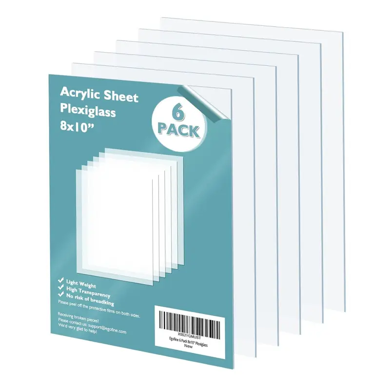 Cast Plexiglass Acrylic Sheets - 6 Pack 8x10in 0.04 Thick Transparent Plastic, Easy to Cut for Crafting Use, Office DIY Displays, Replacement Picture Frame Glass