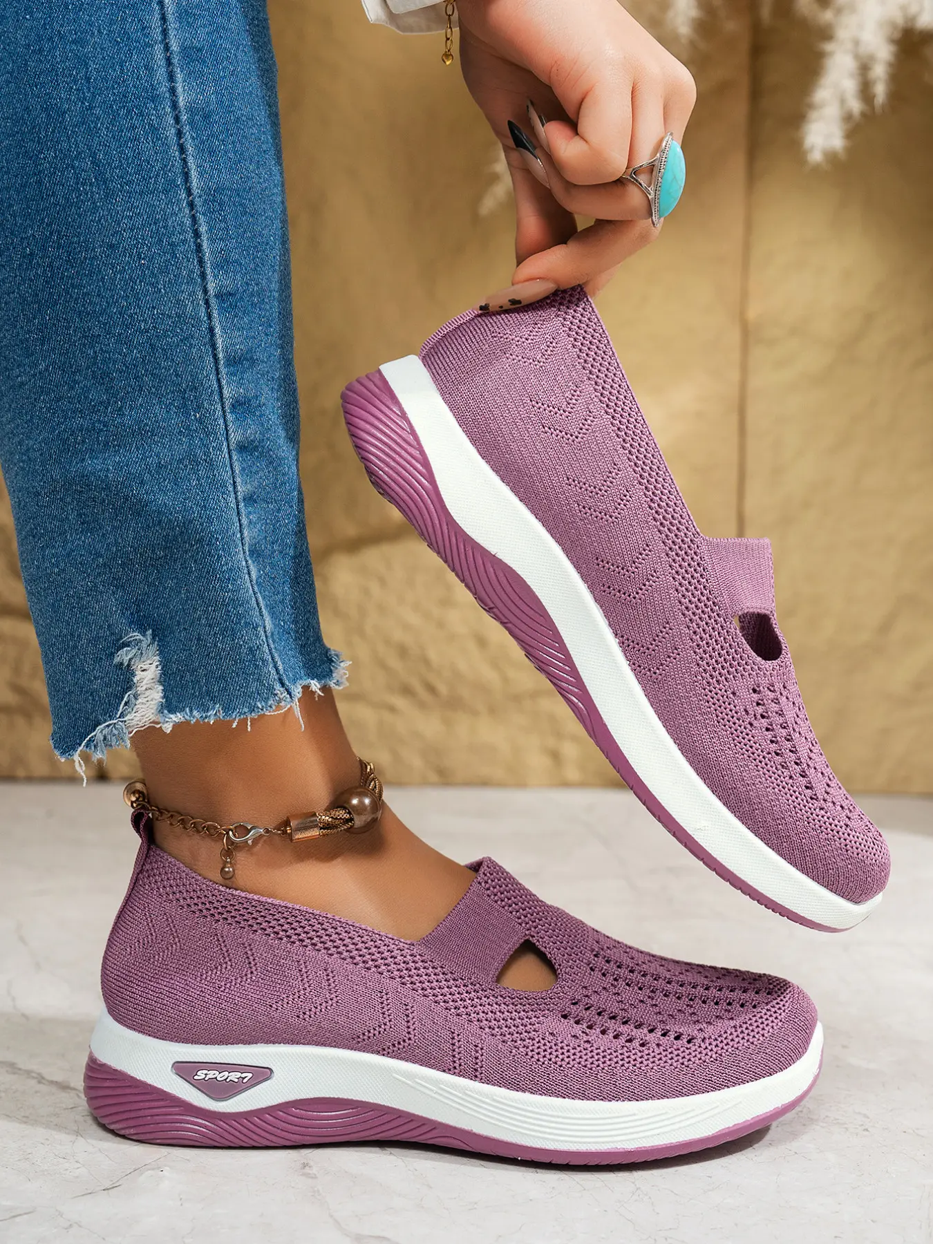 Women's Slip‑On Knit Walking Shoes, Hollow Cutout Design Round Toe Curved Thick Sole Casual Loafers, Comfortable Daily Footwear For Household Errands City Outings And Short‑Distance Trips