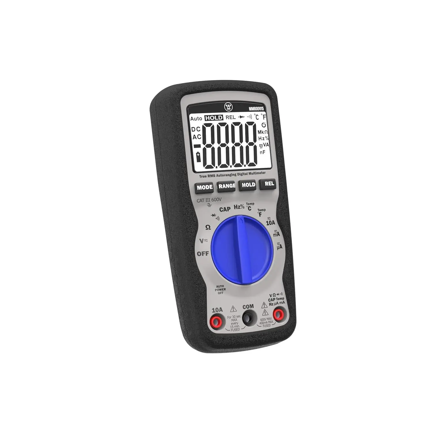 600V True RMS Auto-Ranging Multimeter with Large Screen and Relative Mode; Measures  Current Resistance Capacitance Frequency Temperature; Incl. Case and 2-Year Warranty.